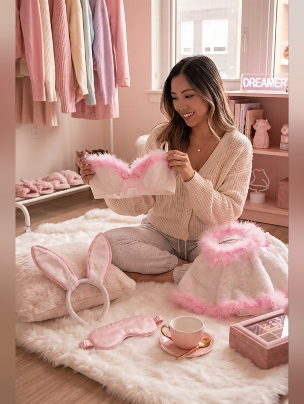 ​🐇 Adorable Pink & White Faux Fur Bunny Costume Set! 🐇